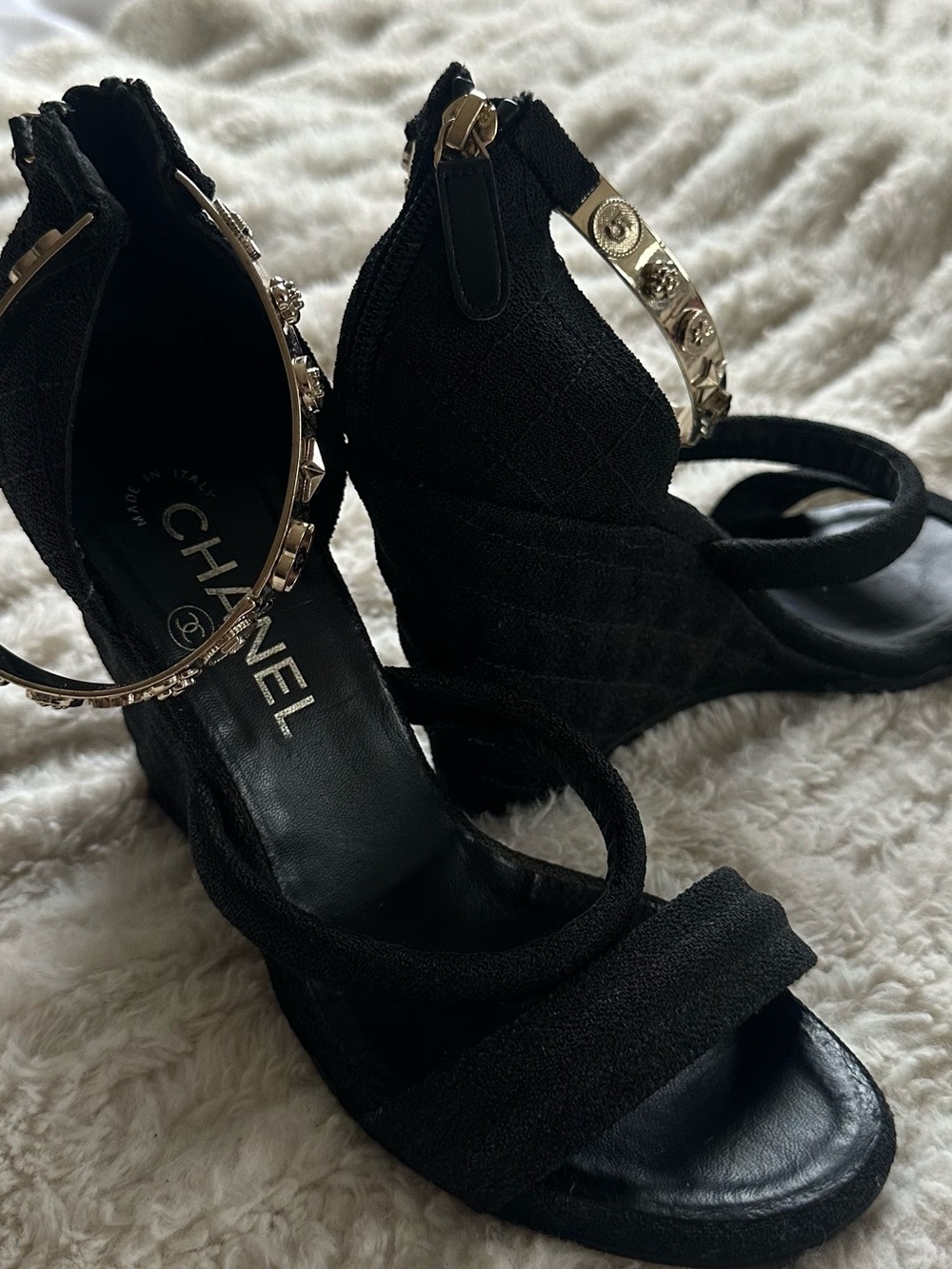 CHANEL Black Canvas Logo Lucky Charms Wedge Sandals - Picture 13 of 16